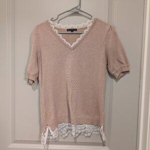 Adrianna Papell Short Sleeve Lace Trim Sweater